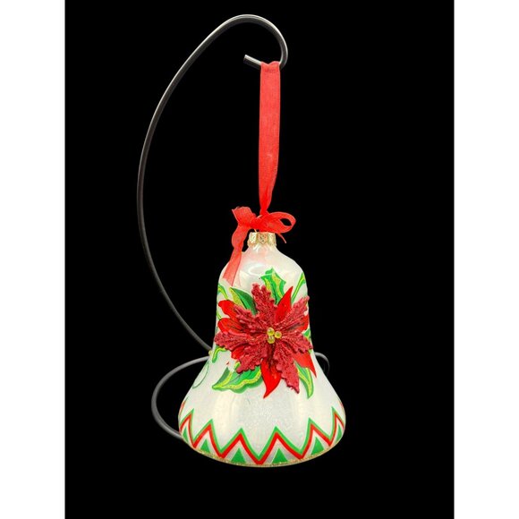 Vtg. Handcrafted Glass 3D Poinsettia Christmas Bell Ornament Red Ribbon - Picture 1 of 8
